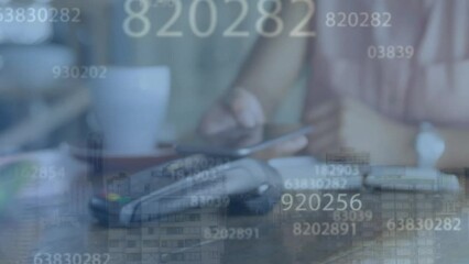 Poster - Animation of financial data processing over biracial woman paying with smartphone