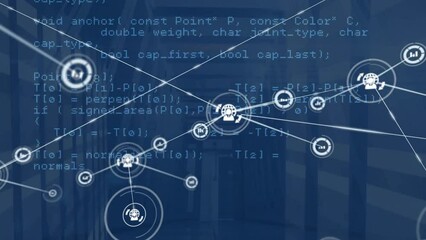 Poster - Animation of network of connections with icons over computer servers