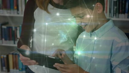 Poster - Animation of network of connections over diverse female teacher and schoolboy using tablet