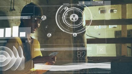 Poster - Animation of digital data processing over biracial woman using smartphone