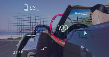 Poster - Animation of car speedometer over biracial woman sitting in car