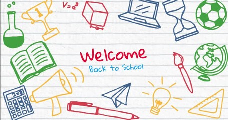 Poster - animation of welcome back to school text over school items icons on white background
