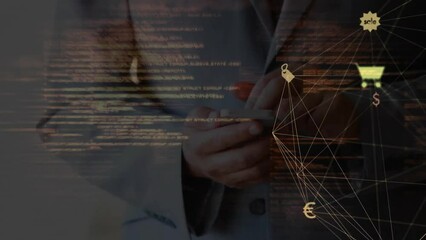 Poster - Animation of network of connections with icons and data processing over caucasian businessman
