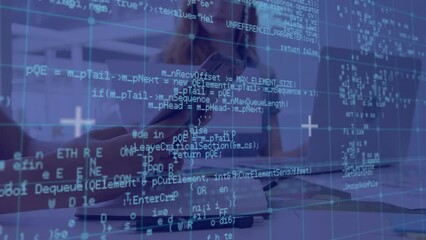 Poster - Animation of data processing over diverse female colleagues using laptop and smartphone in office