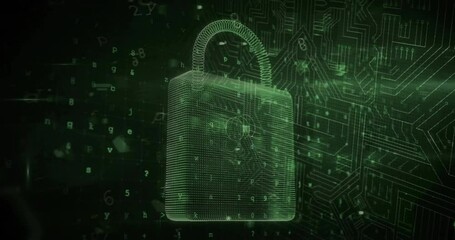 Poster - Animation of padlock icon and data processing on black background