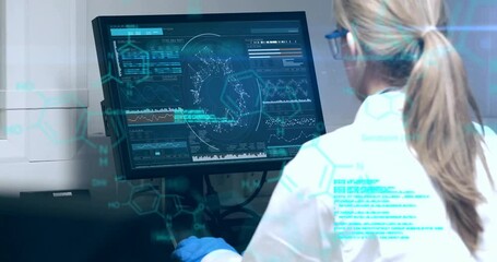 Poster - Animation of chemical formula and data processing over caucasian female scientist in lab