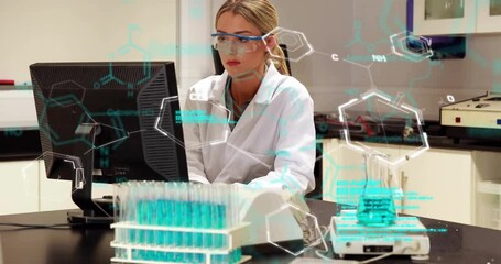 Poster - Animation of chemical formula and data processing over caucasian female scientist in lab