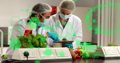Poster - Animation of chemical formula and data processing over diverse scientists working in lab