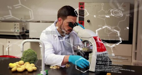 Poster - Animation of chemical formula and data processing over caucasian male scientist working in lab