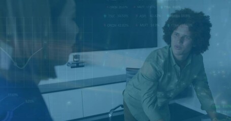 Poster - Animation of financial data processing over diverse colleagues discussing work in office