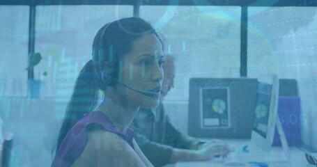 Poster - Animation of financial data processing over biracial businesswoman using phone headset in office