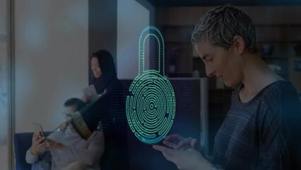 Poster - Animation of light spots and padlock over diverse business people working in office