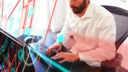 Poster - Animation of data processing and scope scanning over caucasian businessman using computer