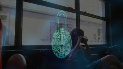 Poster - Animation of padlock over caucasian woman using vr headset
