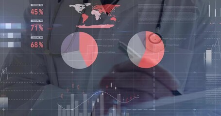 Poster - Animation of data processing, world map and diagrams over caucasian male doctor writing