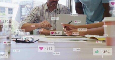 Poster - Animation of data processing over diverse business people talking in office