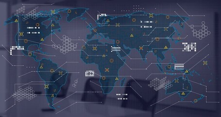 Sticker - Animation of financial data processing and world map over desk in office