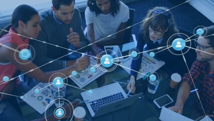 Poster - Animation of network of connections with people icons over diverse business people in office