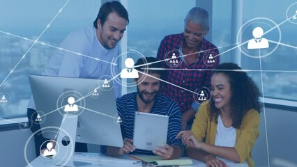 Poster - Animation of network of connections with people icons over diverse business people in office