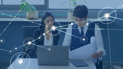 Poster - Animation of network of connections with spots over diverse business people in office