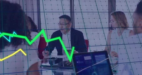 Poster - Animation of financial data processing over diverse business people in office