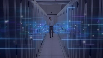 Poster - Animation of business icons and digital data processing over male it technician by computer servers