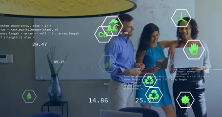 Poster - Animation of eco icons and data processing over diverse business people in office