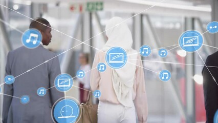 Poster - Animation of network of connections icons over diverse business people