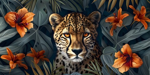 Sticker - Close-up portrait of Leopard in tropical flowers and leaves. Picturesque portrait of Cheetah . Digital illustration
