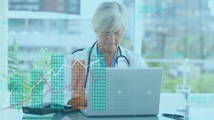 Poster - Animation of data processing over senior caucasian doctor using laptop