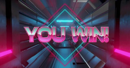 Poster - Animation of you win text over digital tunnel