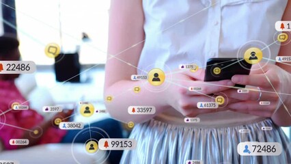 Poster - Animation of icons and data processing over caucasian woman using smartphone