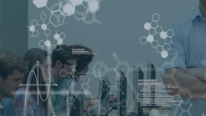 Poster - Animation of scientific data processing over diverse business people using computers in office