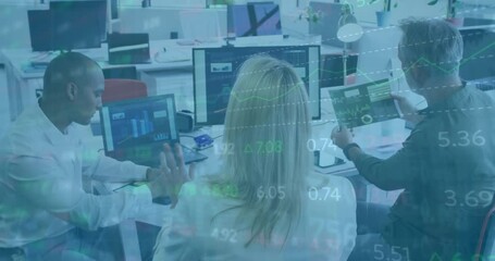 Poster - Animation of financial data processing over diverse business people in office
