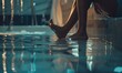Closeup of female legs standing in swimming pool with reflection on water