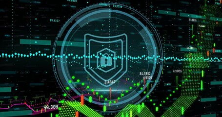Poster - Animation of padlock with shield and scope scanning over data processing