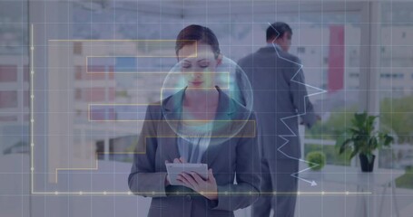 Poster - Animation of diagram and shapes over diverse business people working in office