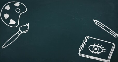 Poster - Animation of school items icons with copy space on black background