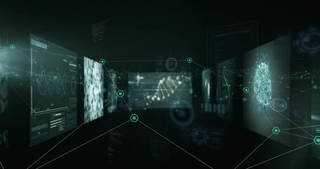 Poster - Animation of screens with data processing over dark background