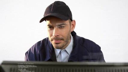 Poster - Animation of data processing over caucasian security man using computer