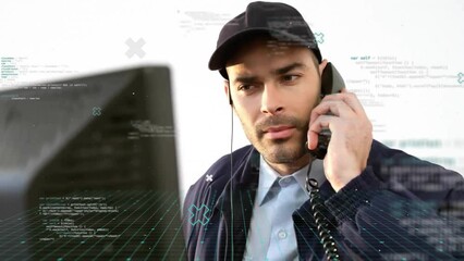 Poster - Animation of data processing over caucasian security man using phone and monitor