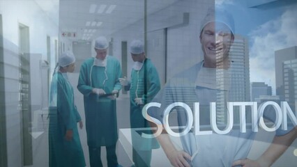 Wall Mural - Animation of data processing over diverse surgeons in hospital