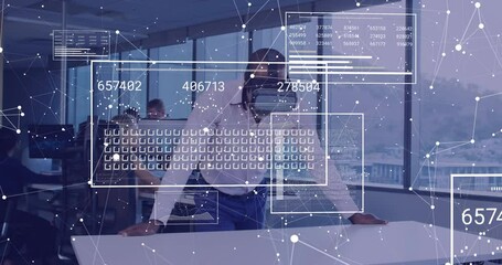 Poster - Animation of data processing over african american businessman using vr headset in office