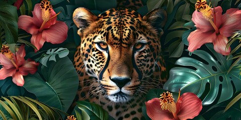 Wall Mural - Close-up portrait of Leopard in tropical flowers and leaves. Picturesque portrait of Cheetah . Digital illustration
