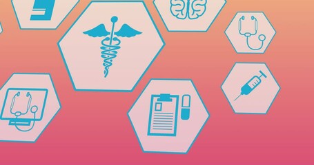 Sticker - Animation of medical icons over pink background