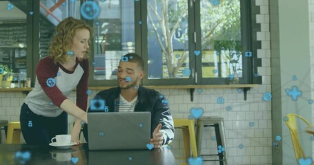 Poster - Animation of medicine icons over diverse colleagues talking in office