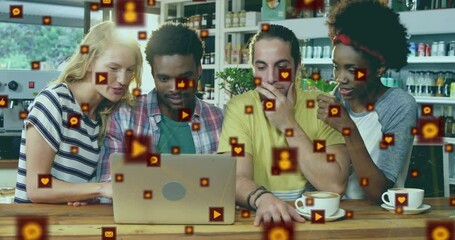 Poster - Animation of media icons over diverse colleagues talking in office