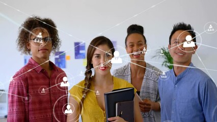 Poster - Animation of network of connections with icons over diverse business people smiling in office