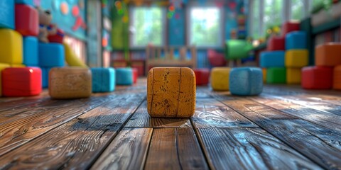 Poster - Vibrant cubes dance upon a rustic stage, bringing a burst of energy to the tranquil wooden floor