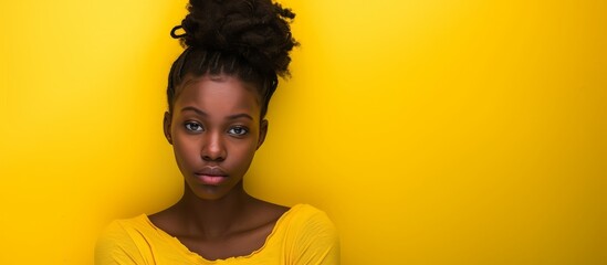 Wall Mural - Portrait of a Young Girl with a Yellow Shirt and Black Hair Smiling Happily in the Sunlight